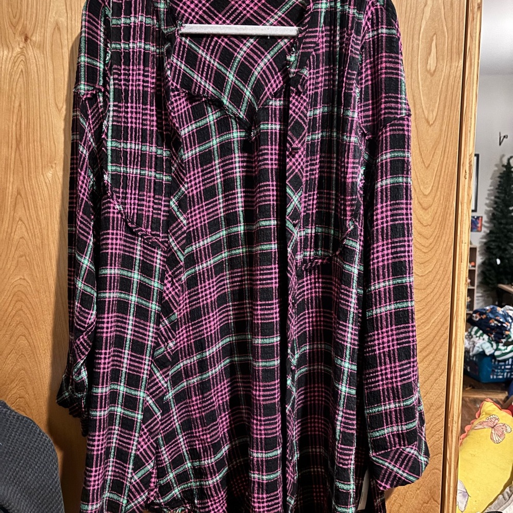 Free People Pink and Black Plaid Pajama Top